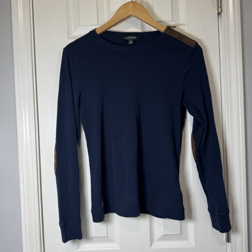 Lauren Ralph Lauren Women's Long Sleeve Shirt Navy Elbow Pads Zip Shoulder L